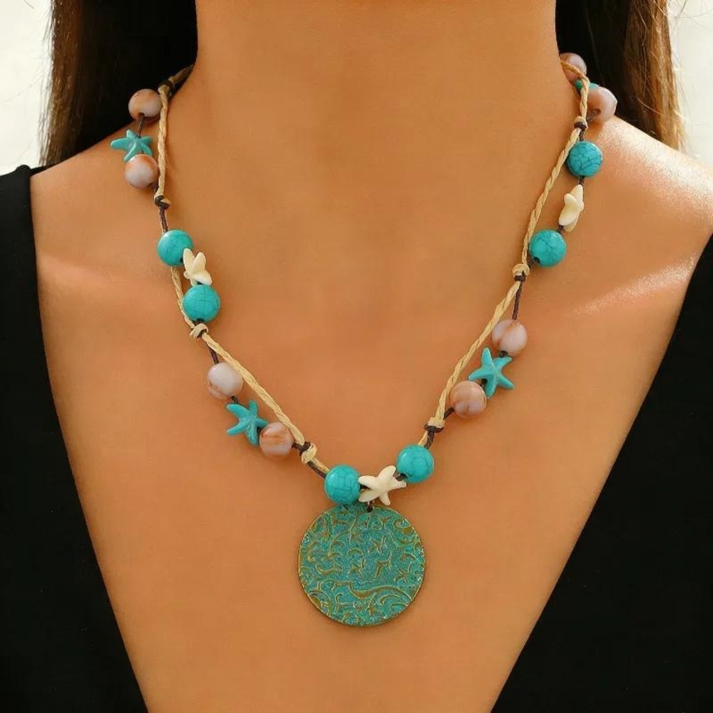 Beaded Necklace Women OS Turquoise Coastal Starfish Pendant Boho Beachy Shells
